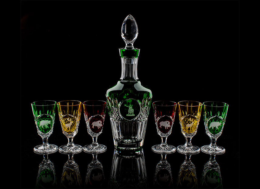 Tsar Hunting Collection crystal 5483196 Tsar Hunt Vodka Set Decanter and 6 Vodka on Stem colored